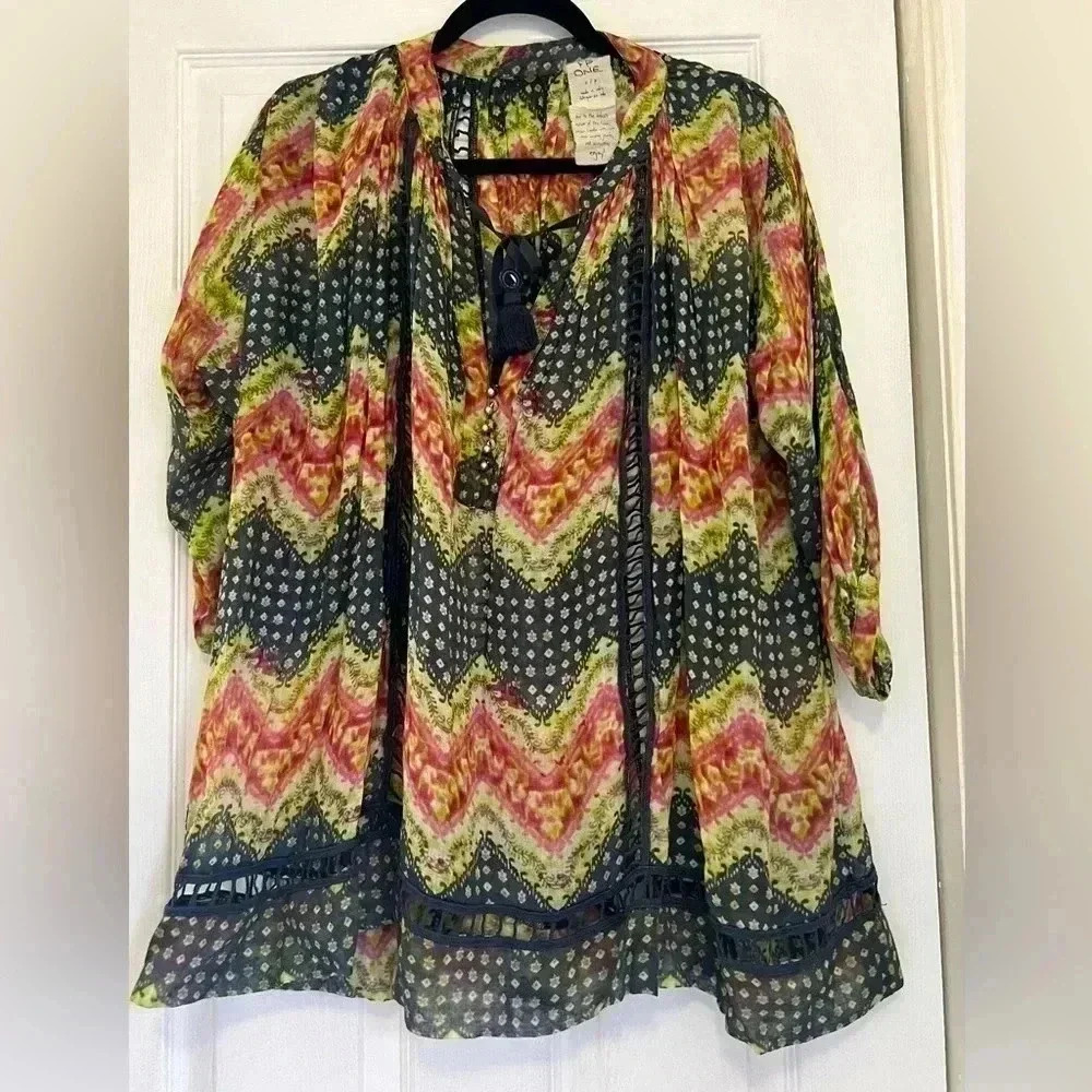 Free People One women’s long sleeves‎ boho oversized  tye dye striped Top Sz S